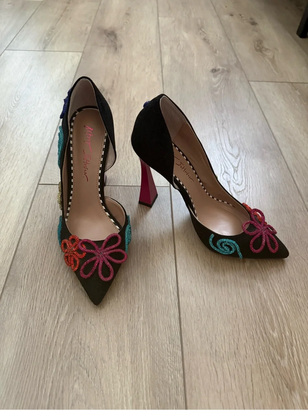 Betsey Johnson Black Pointed Toe Heels with Pink, Red, Teal, Blue Beaded Flowers
